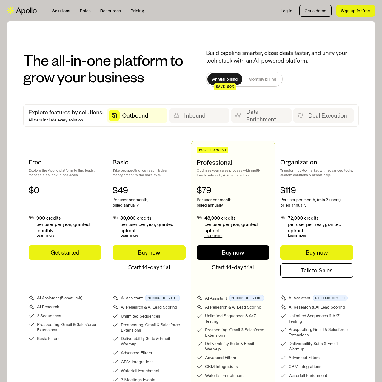 Apollo.io pricing page